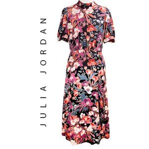 Julia Jordan Floral Midi Dress Black Multicolor Short Sleeve Size 2